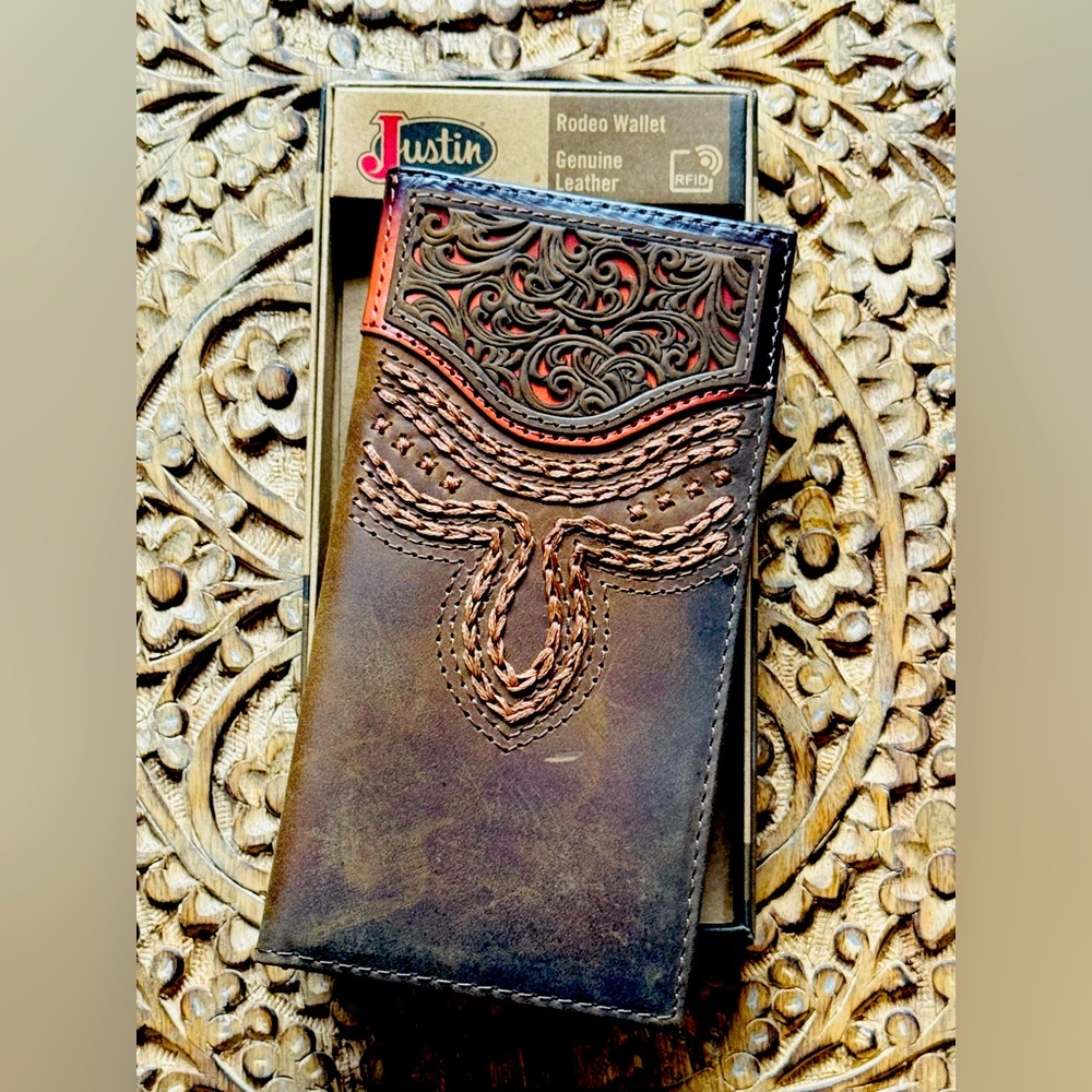 Justin Rodeo Wallet Brown Genuine Leather Tooled Western Stitch RFID